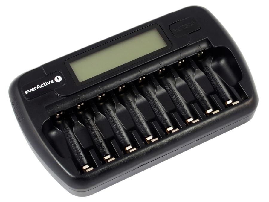 everActive AA- og AAA-batterioplader, 8 kanaler, LCD-display, NC-800