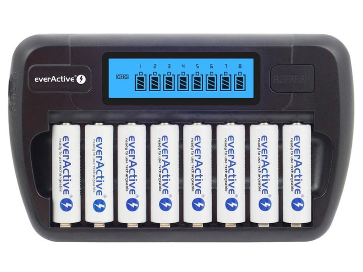 everActive AA- og AAA-batterioplader, 8 kanaler, LCD-display, NC-800