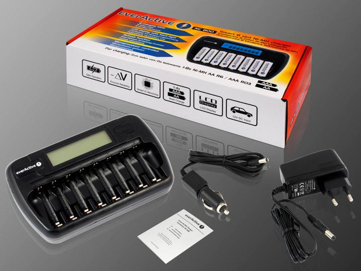 everActive AA- og AAA-batterioplader, 8 kanaler, LCD-display, NC-800