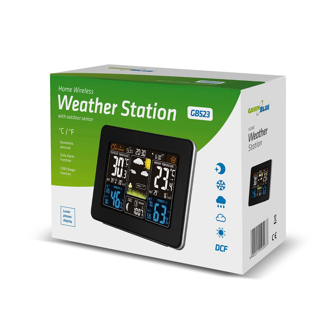 GreenBlue trådløs vejrstation, farvet, med DCF-system, månefaser, GB523