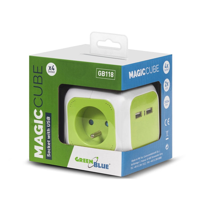 MagicCube firdobbelt stikkontakt GreenBlue, 2 USB-indgange, 1,4 m, GB118