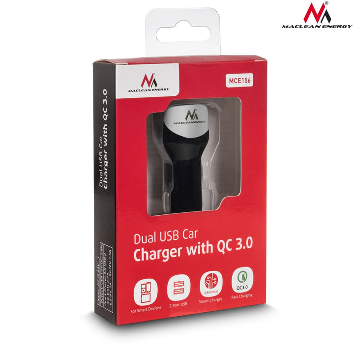 Biloplader max4,8A 2xUSB Maclean Energy MCE157 Qualcomm Quick Charge QC 3.0 plus kabel 1,5 m sølv