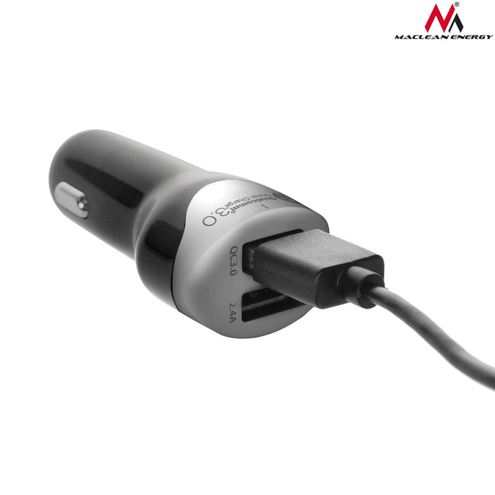 Biloplader max4,8A 2xUSB Maclean Energy MCE157 Qualcomm Quick Charge QC 3.0 plus kabel 1,5 m sølv