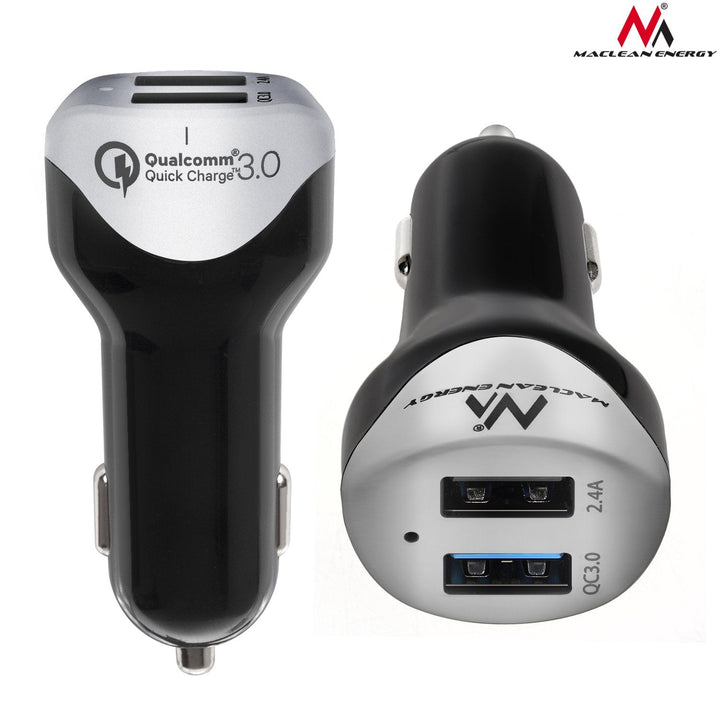 Biloplader max4,8A 2xUSB Maclean Energy MCE157 Qualcomm Quick Charge QC 3.0 plus kabel 1,5 m sølv