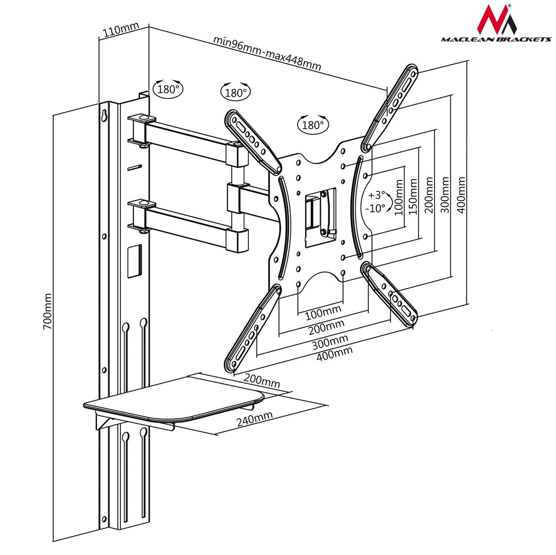 TV-holder med DVD-hylde Maclean, VESA 400x400, 32"-55", 30 kg, MC-772