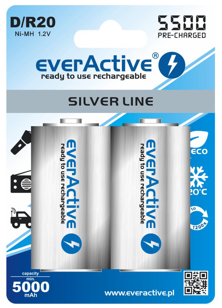 2 Piece battery (1 Blister) - R20 D 5500mAh everActive rechargeable Silver Line