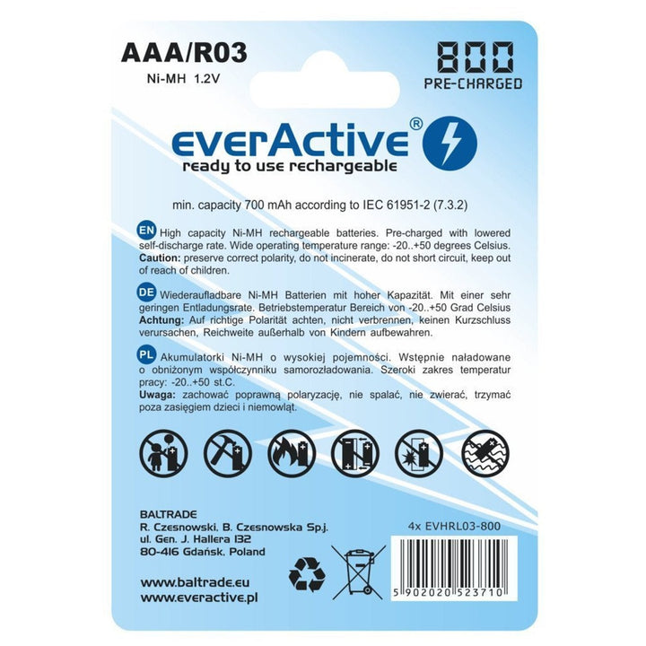 4x everActive R03/AAA 800mAh genopladelige batterier, høj kvalitet