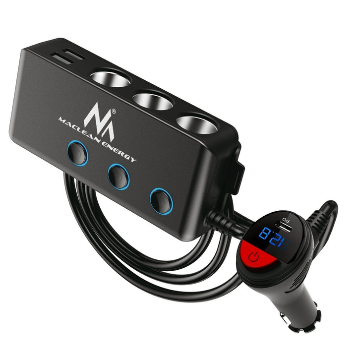 Bilcigaretstikfordeler, voltmeter, 3 cigaretstik, 1xQuick Charge 3.0, 3xUSB 6,8A, 1x Power Delivery 18W, Maclean MCE218, maks. 120W