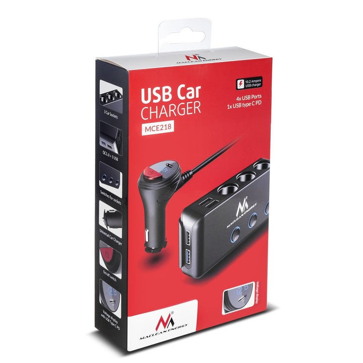 Bilcigaretstikfordeler, voltmeter, 3 cigaretstik, 1xQuick Charge 3.0, 3xUSB 6,8A, 1x Power Delivery 18W, Maclean MCE218, maks. 120W