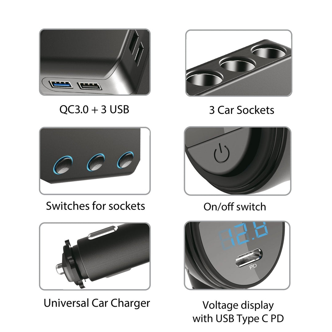 Bilcigaretstikfordeler, voltmeter, 3 cigaretstik, 1xQuick Charge 3.0, 3xUSB 6,8A, 1x Power Delivery 18W, Maclean MCE218, maks. 120W