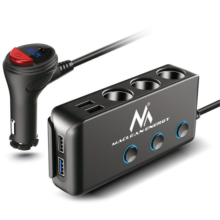 Bilcigaretstikfordeler, voltmeter, 3 cigaretstik, 1xQuick Charge 3.0, 3xUSB 6,8A, 1x Power Delivery 18W, Maclean MCE218, maks. 120W