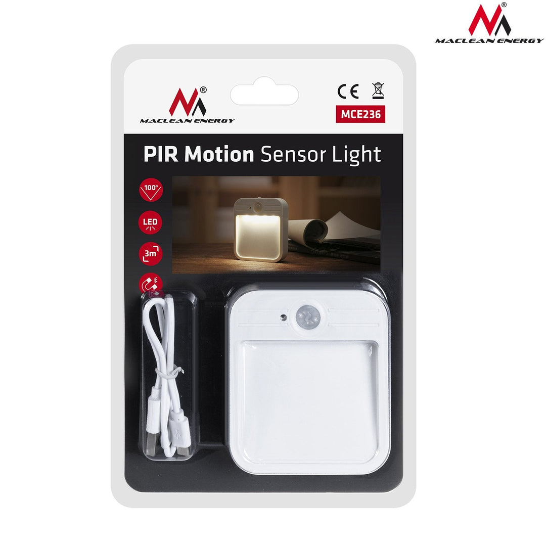 LED-trappelampe med bevægelsessensor Maclean MCE236, magnet, krog, temperatur 4000K, rækkevidde 3-4 m, akkumulator 3,7 V/500 mAh, 4 LED SMD2835