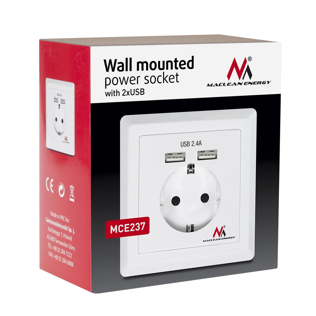Schuko-stik Vægstik med 2x USB-opladningsporte 2,4 A 2x USB-opladningsstik USB Schuko-sikkerhedsstik ...