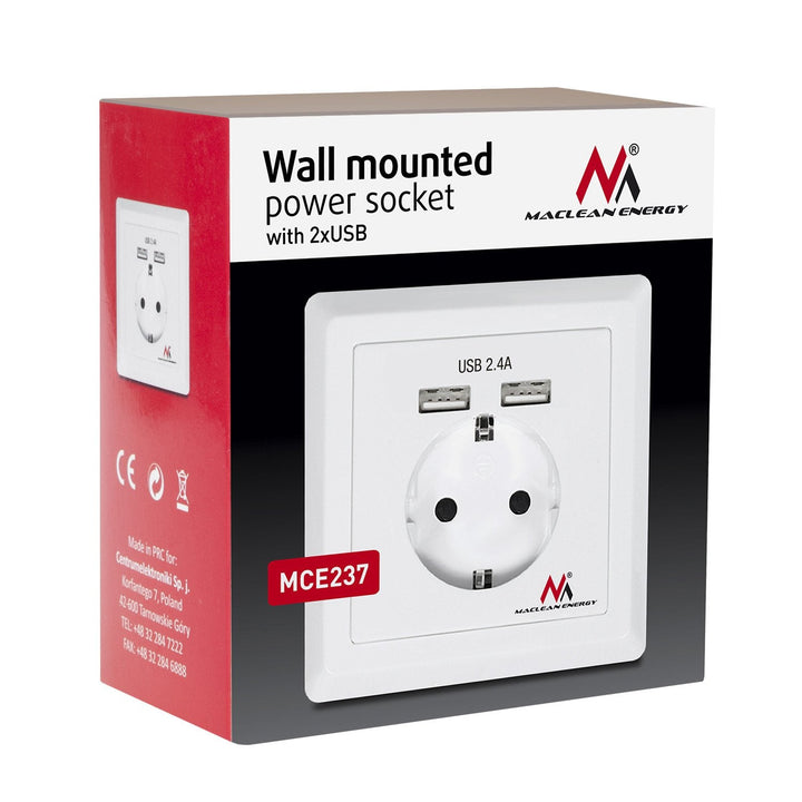 Schuko-stik Vægstik med 2x USB-opladningsporte 2,4 A 2x USB-opladningsstik USB Schuko-sikkerhedsstik ...