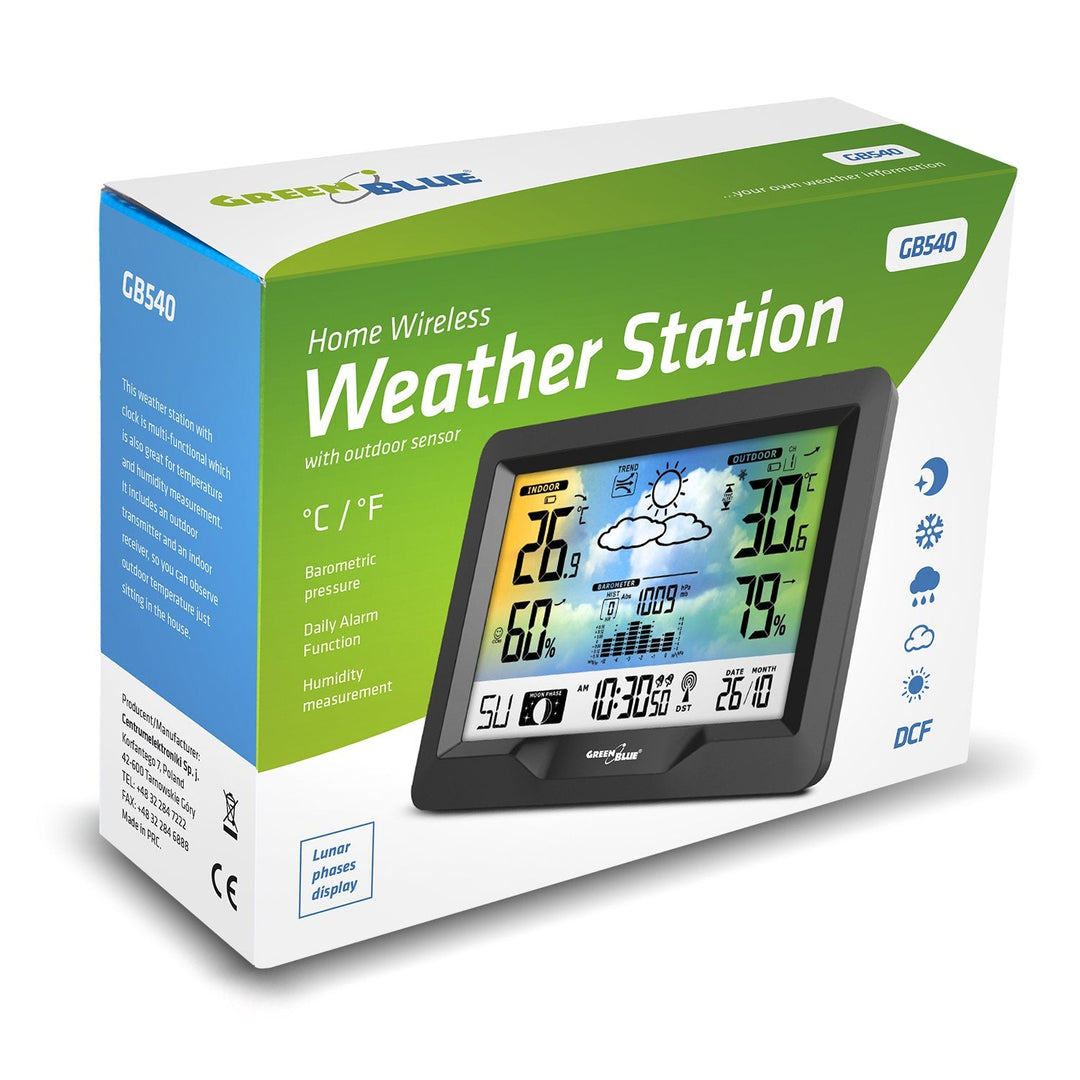 Trådløs vejrstation i farver med DCF GreenBlue GB540-system, månefaser, barometer, kalender