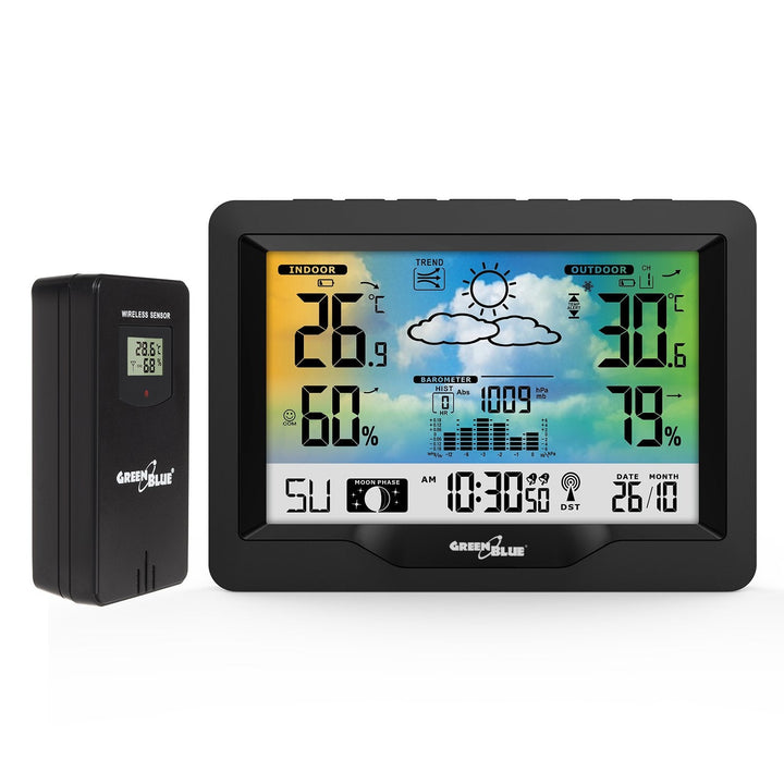 Trådløs vejrstation i farver med DCF GreenBlue GB540-system, månefaser, barometer, kalender