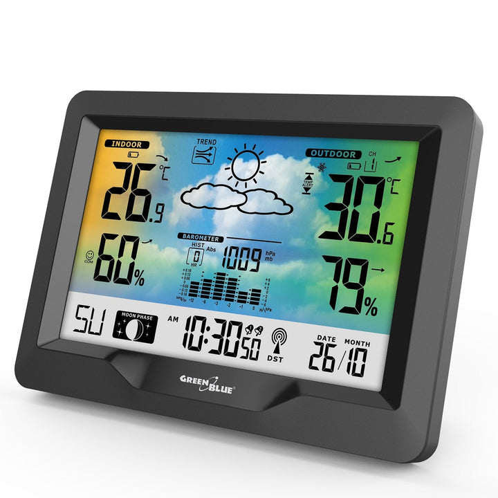 Trådløs vejrstation i farver med DCF GreenBlue GB540-system, månefaser, barometer, kalender