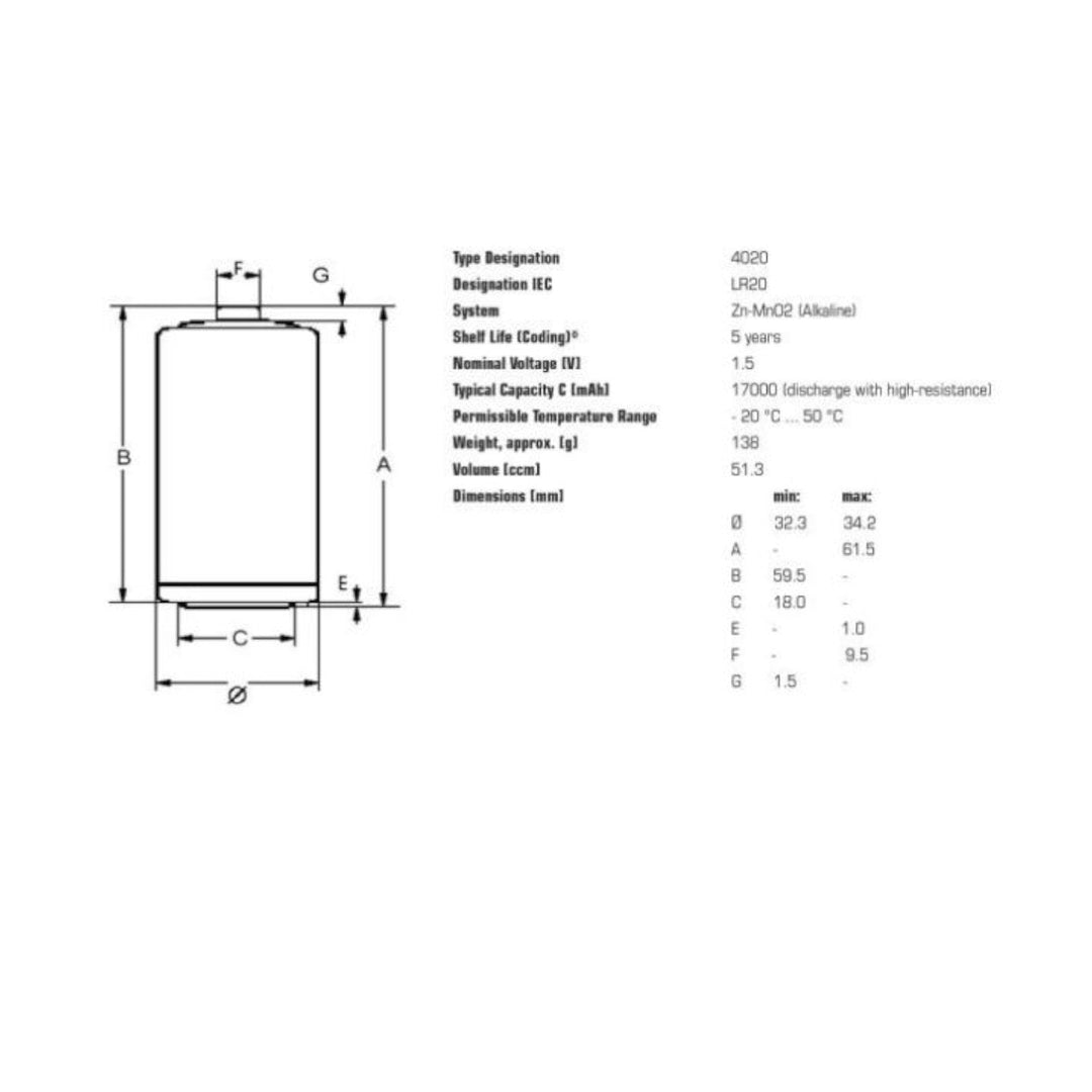 20x Varta Industrial R20/D alkaliske batterier Folie