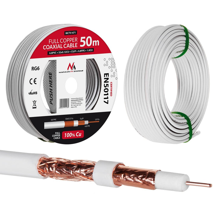 RG6 50M Maclean MCTV-471 1,02CU+4,8FPE+CU/P+32*0,12CU+6,8PVC koaksialkabel til satellit