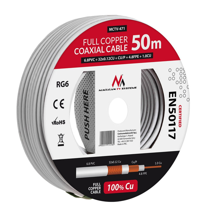 RG6 50M Maclean MCTV-471 1,02CU+4,8FPE+CU/P+32*0,12CU+6,8PVC koaksialkabel til satellit
