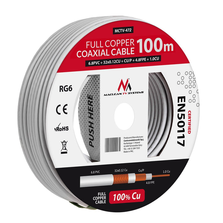 RG6 100M Maclean MCTV-472 1,02CU+4,8FPE+CU/P+32*0,12CU+6,8PVC koaksialkabel til satellit