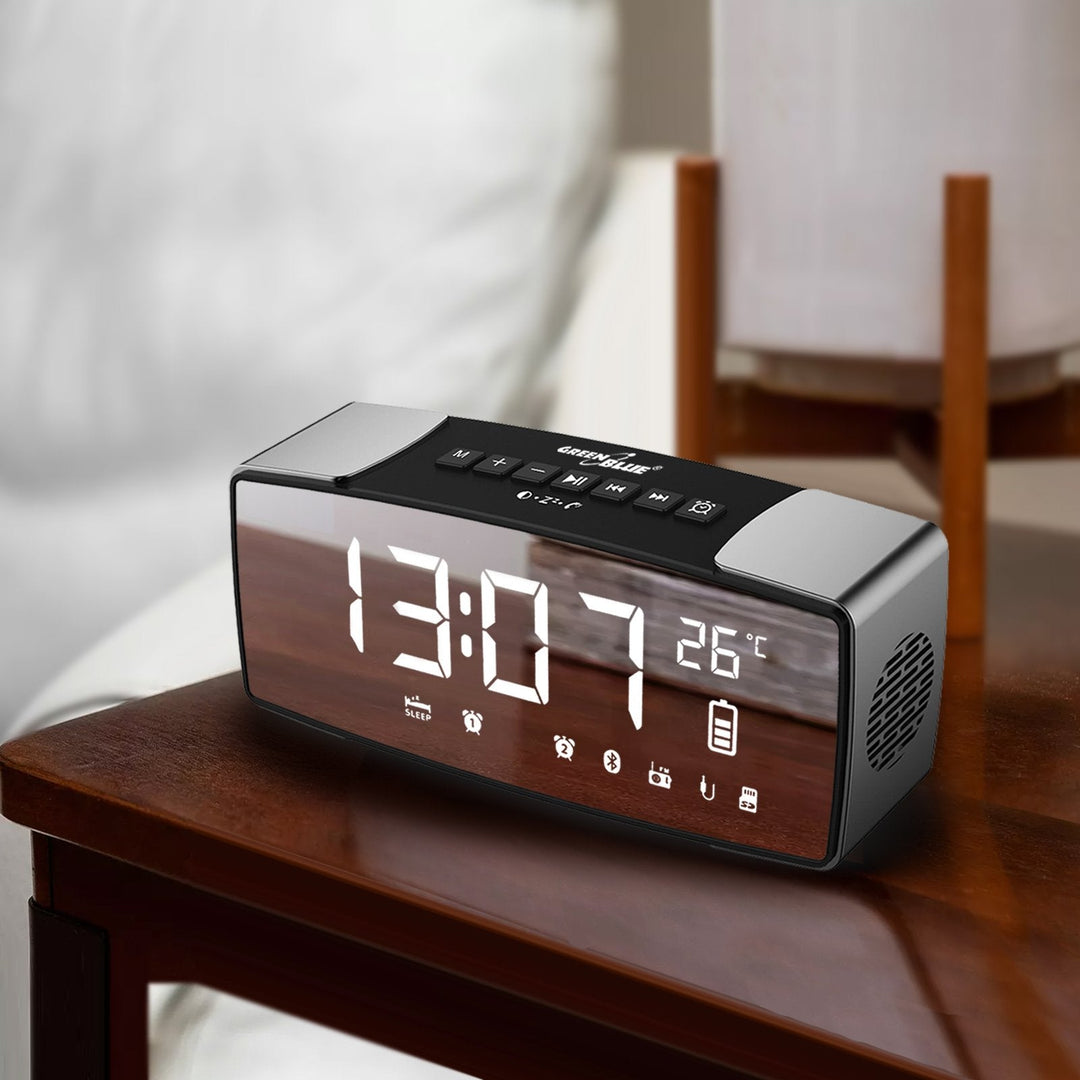 Bluetooth 4.2 radioalarm, FM, aux-in, 6W, temperatur, alarm, ur, 2200mAh batteri GreenBlue GB200