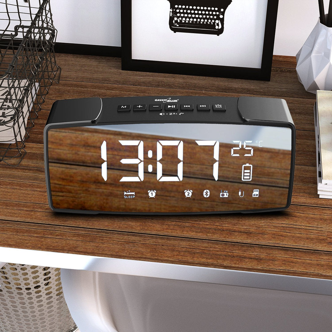 Bluetooth 4.2 radioalarm, FM, aux-in, 6W, temperatur, alarm, ur, 2200mAh batteri GreenBlue GB200