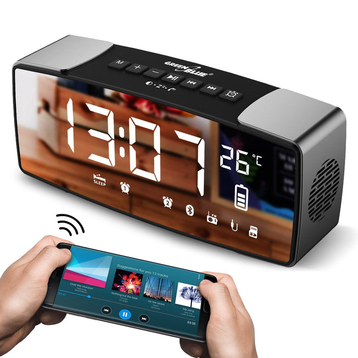 Bluetooth 4.2 radioalarm, FM, aux-in, 6W, temperatur, alarm, ur, 2200mAh batteri GreenBlue GB200