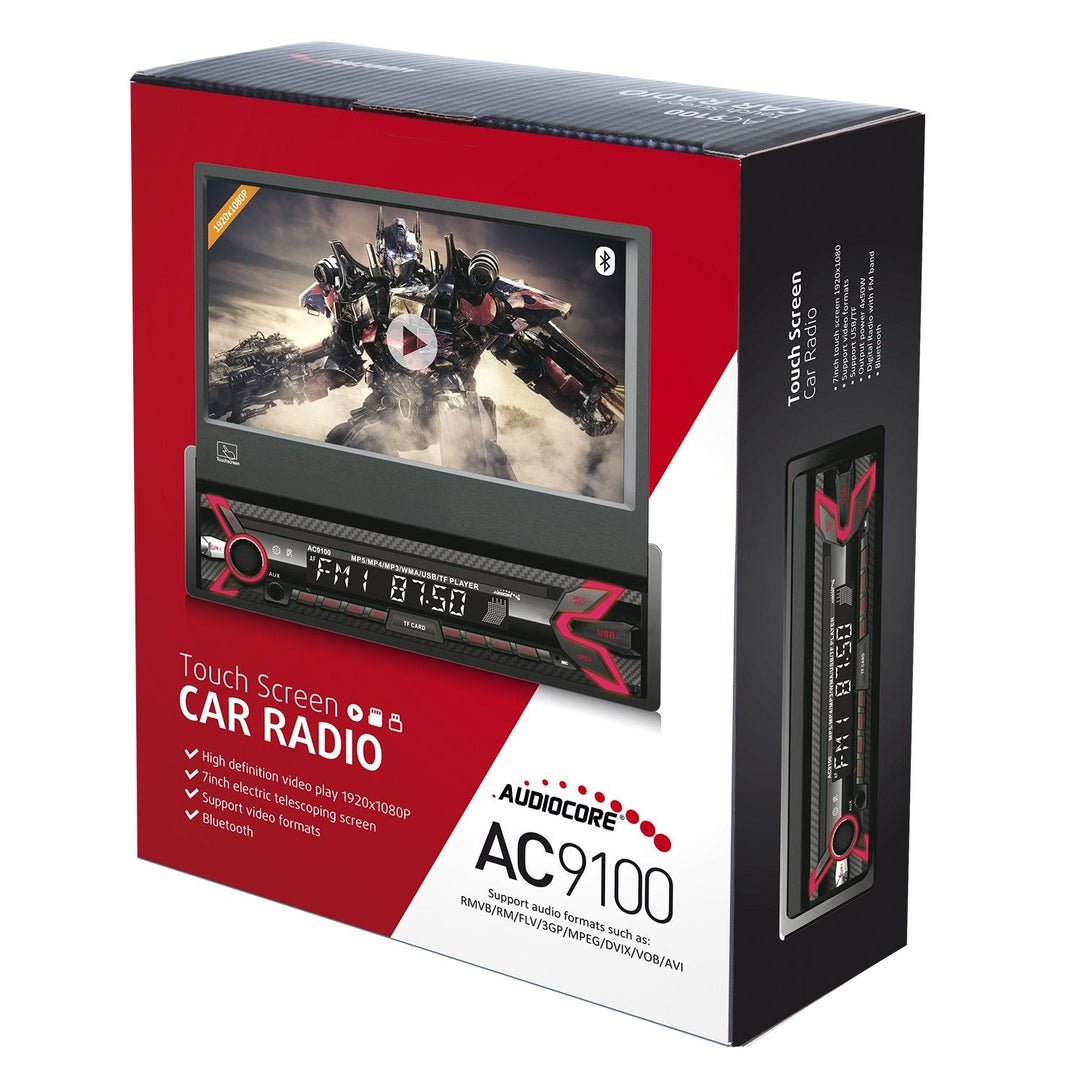 Audiocore AC9100 LCD 7" radioafspiller med udtrækkelig berøringsskærm, 1080P MP5 AVI DivX Bluetooth håndfri RDS + fjernbetjening