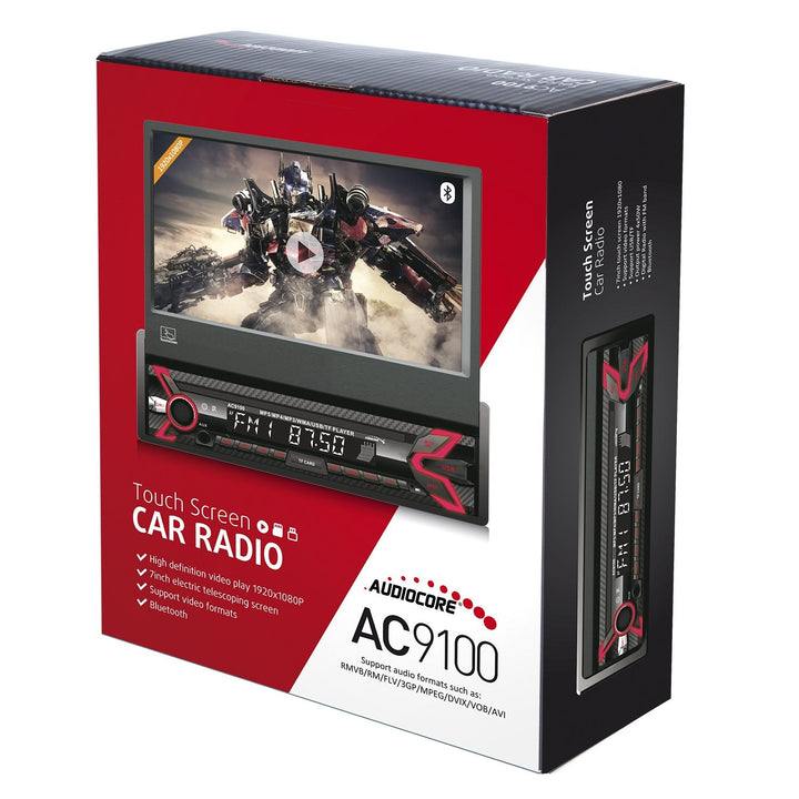 Audiocore AC9100 LCD 7" radioafspiller med udtrækkelig berøringsskærm, 1080P MP5 AVI DivX Bluetooth håndfri RDS + fjernbetjening