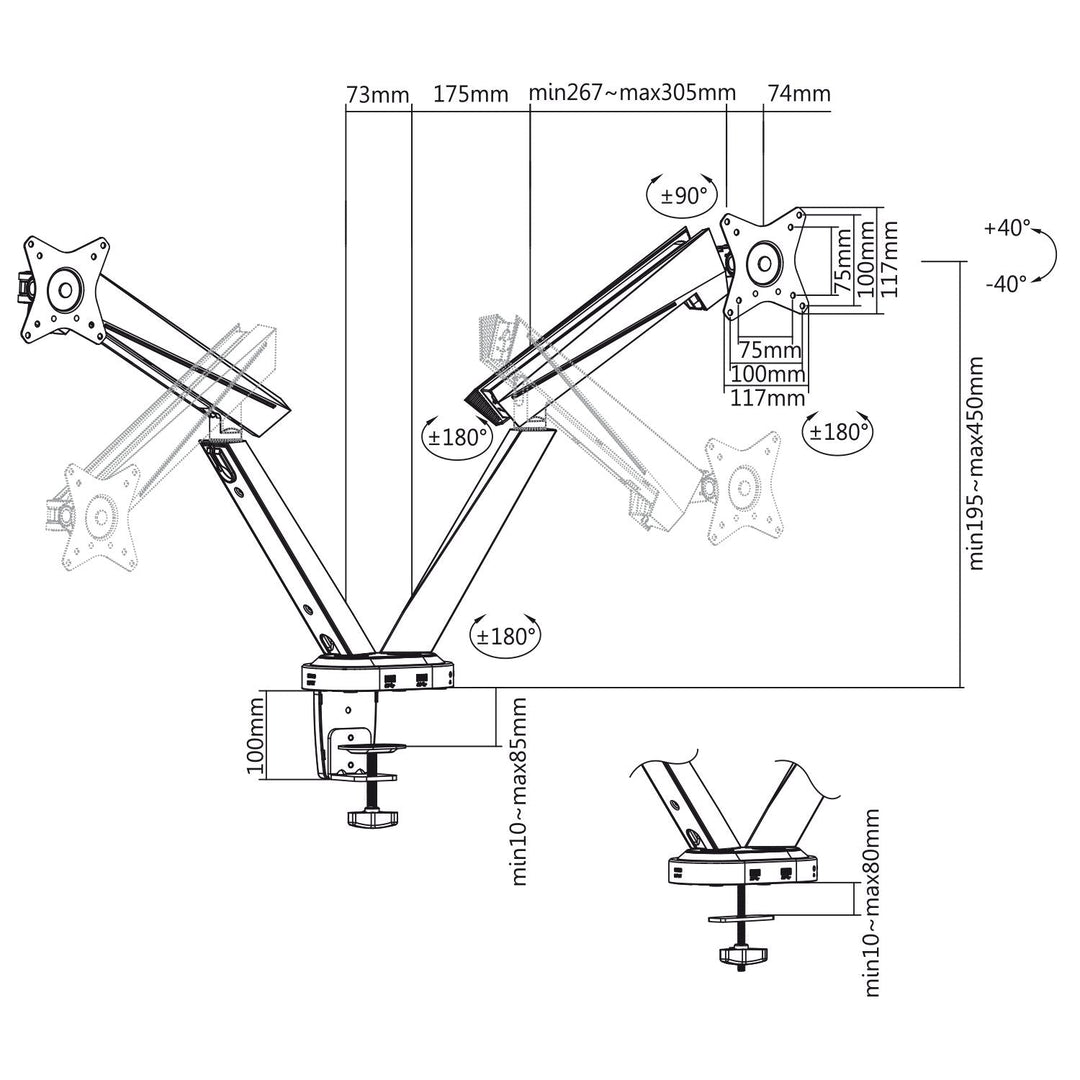 Gaming-holder til 2 LCD-skærme NanoRS RS887 17-32" 2x 8 kg (maks. 16 kg) VESA 75x75 og 100x100