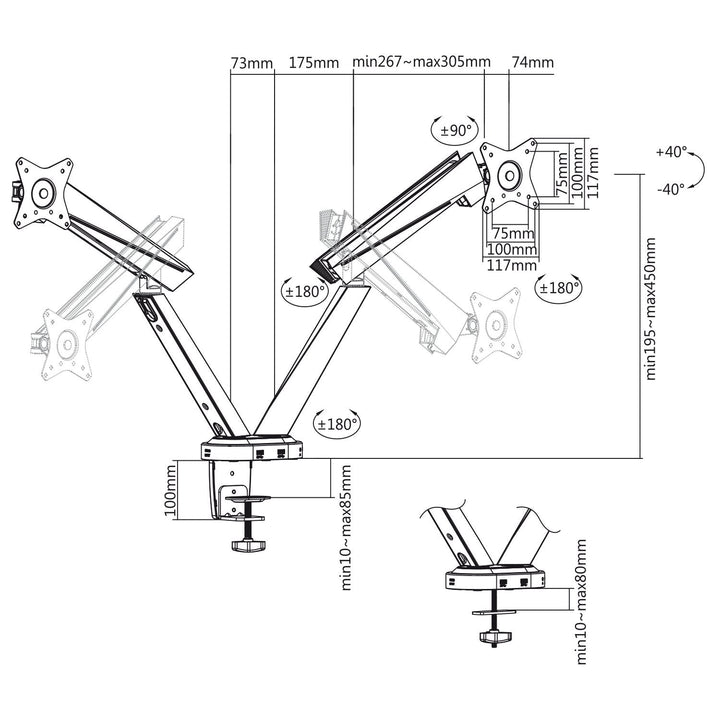 Gaming-holder til 2 LCD-skærme NanoRS RS887 17-32" 2x 8 kg (maks. 16 kg) VESA 75x75 og 100x100