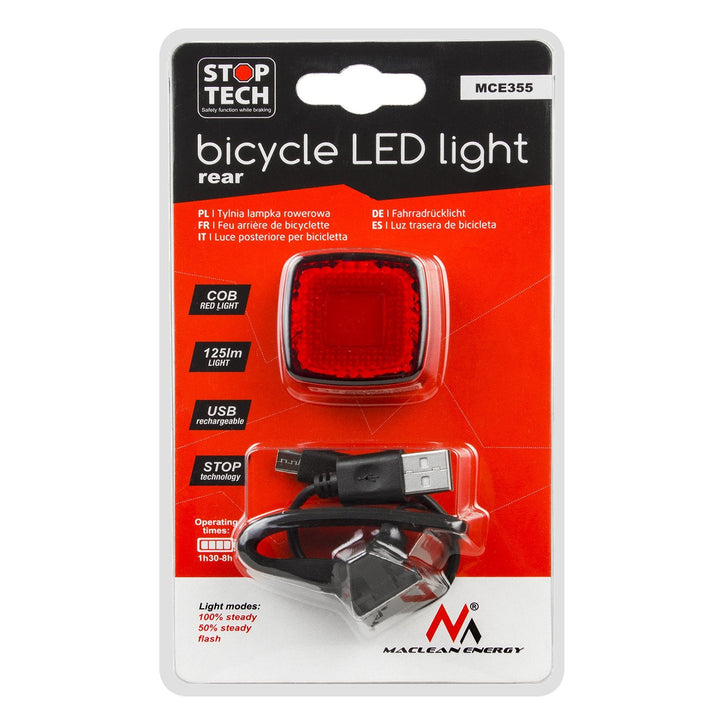 USB-baglygte til cykel AUTO STOP skumringssensor Maclean Energy MCE355 COB LED max. 125 lm acu 450 mAh