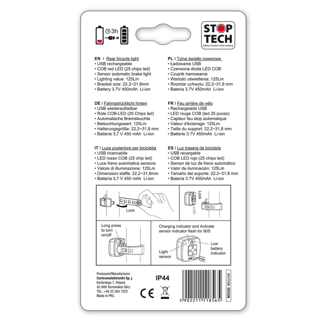 USB-baglygte til cykel AUTO STOP skumringssensor Maclean Energy MCE355 COB LED max. 125 lm acu 450 mAh