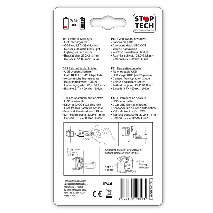 USB-baglygte til cykel AUTO STOP skumringssensor Maclean Energy MCE355 COB LED max. 125 lm acu 450 mAh