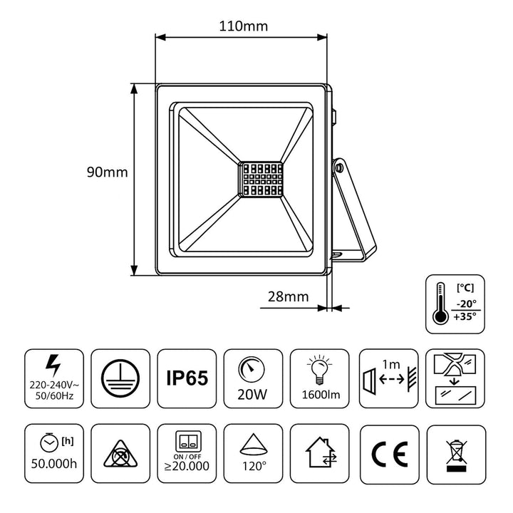 LED-projektør slim 20 W, 1600 lm Neutral White (4000 K) Maclean Energy MCE520 NW, IP65, PREMIUM