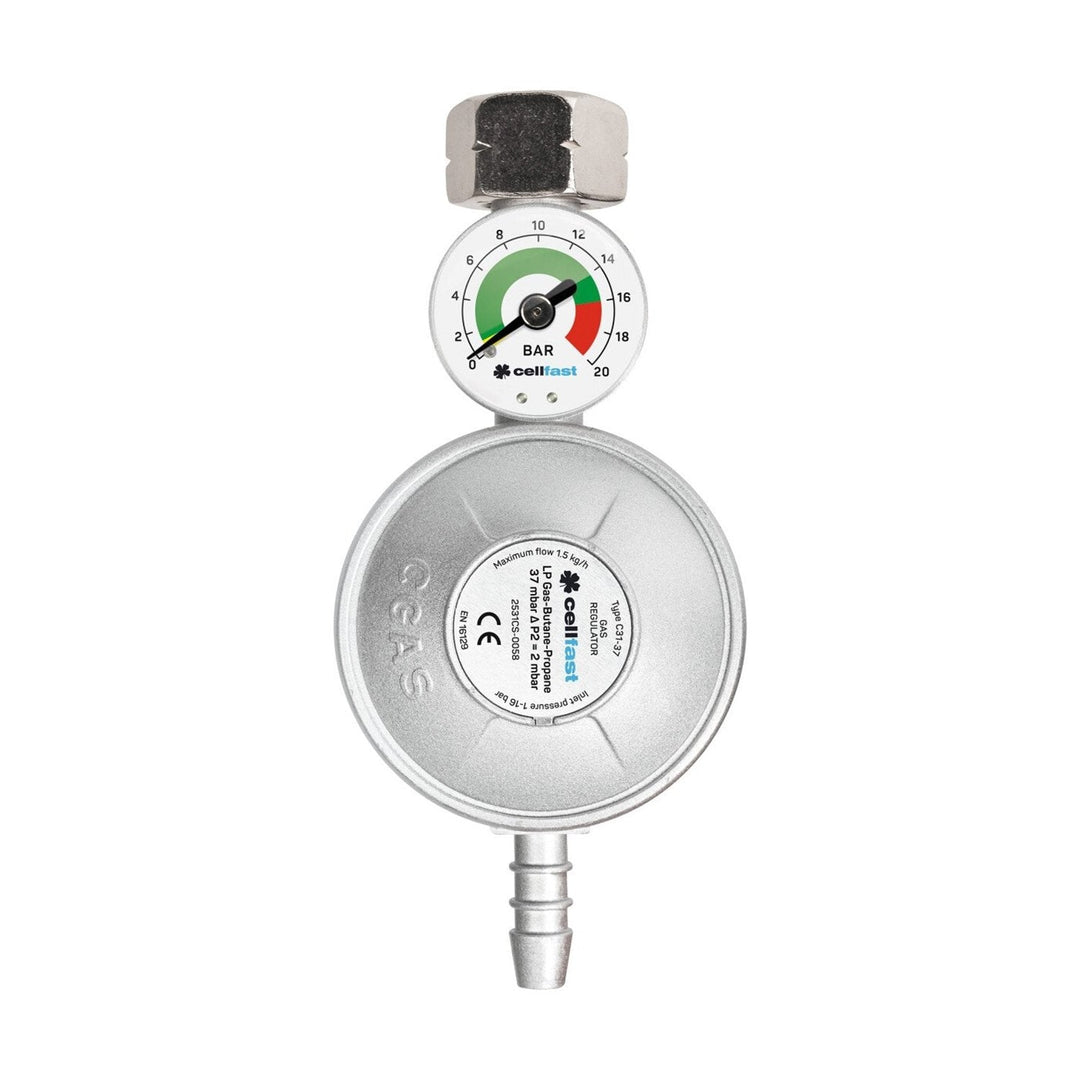 Gasregulator med manometer, slange 2 x klemme SÆT Cellfast
