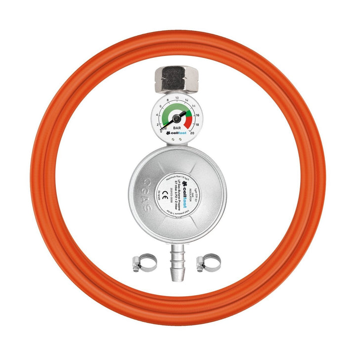 Gasregulator med manometer, slange 2 x klemme SÆT Cellfast