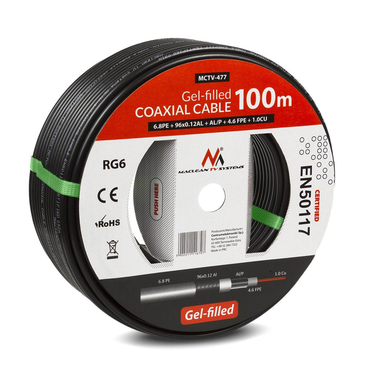 RG6 100M Maclean MCTV-477 1,0CU+4,6FPE+AL/P+96*0,12AL+6,8PE gel-filled koaksialkabel til satellit