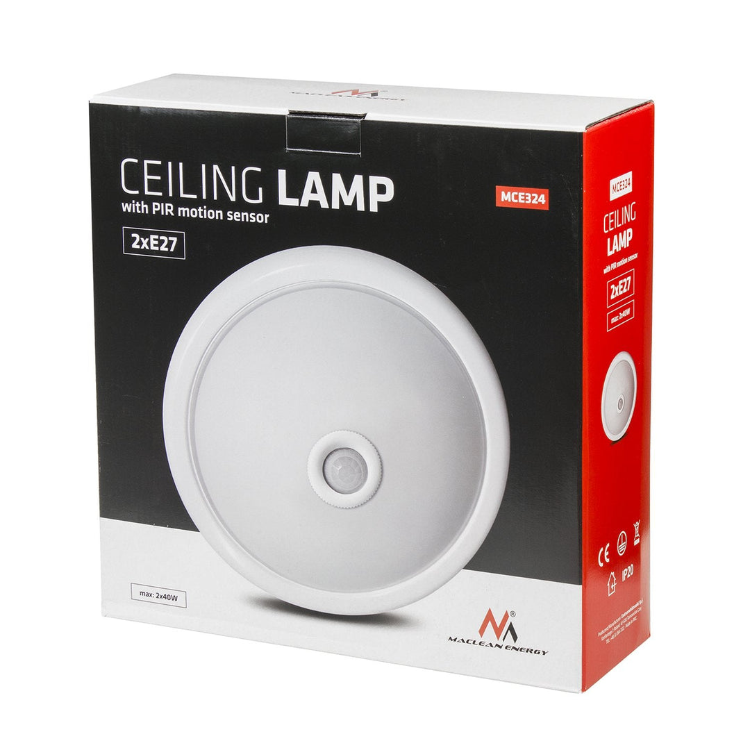 Loftlampe med PIR-sensor og udskiftelig lyskilder 2x max 40W med E27-fatning, 220-240V~ 50/60Hz MCE324