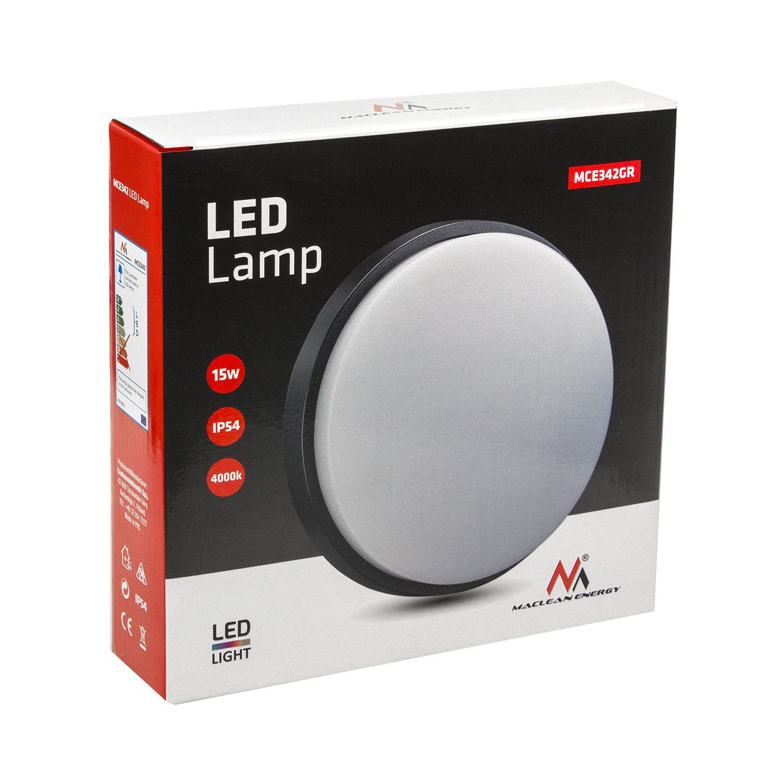 LED-væg- og loftslampe MCE342 GR 1100 lm 15 W IP54 Maclean Energy, farve: grå, farvetemperatur: naturlig hvid (4000 K)