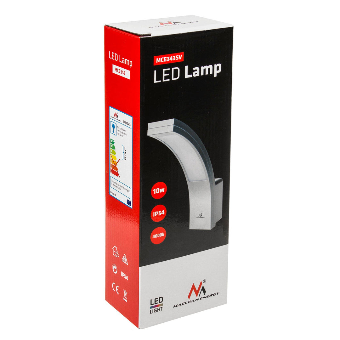 LED-facadelampe MCE343 SV 800lm 10W IP54 Maclean Energy sølvfarvet, farve temperatur naturlig hvid (4000K)