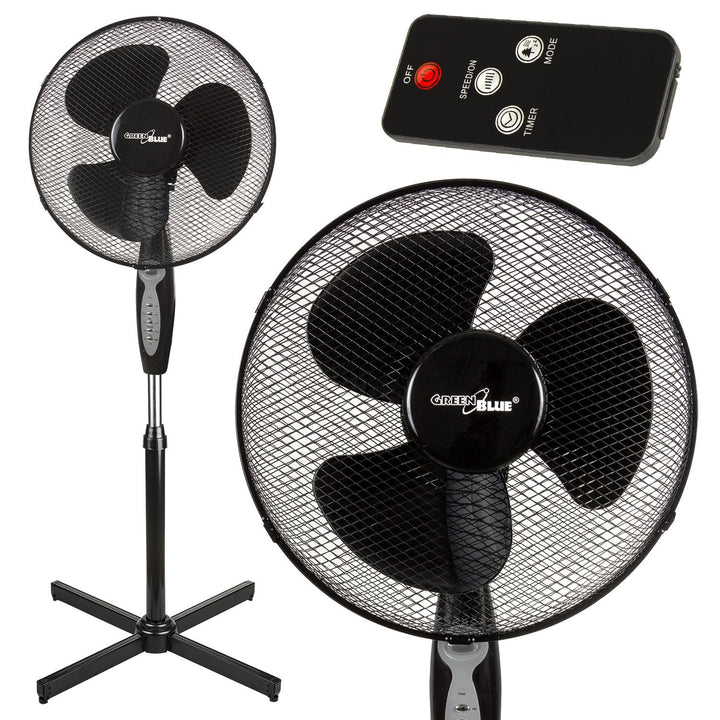 GreenBlue 40W gulvventilator med 3 blæserhastigheder, 1,25 m høj, 1,5 m ledning med fjernbetjening og timer op til 7,5 timer GB580