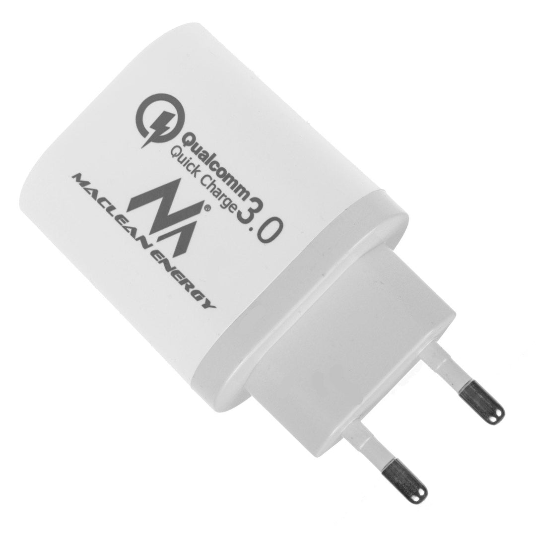 Netoplader 1xQC 3.0 Maclean Energy MCE479 W - hvid Qualcomm Quick Charge QC 3.0 - 3,6-6VV/3A, 6-9V/2A, 9-12V/1,5A og 2 stik 5V/2,1A