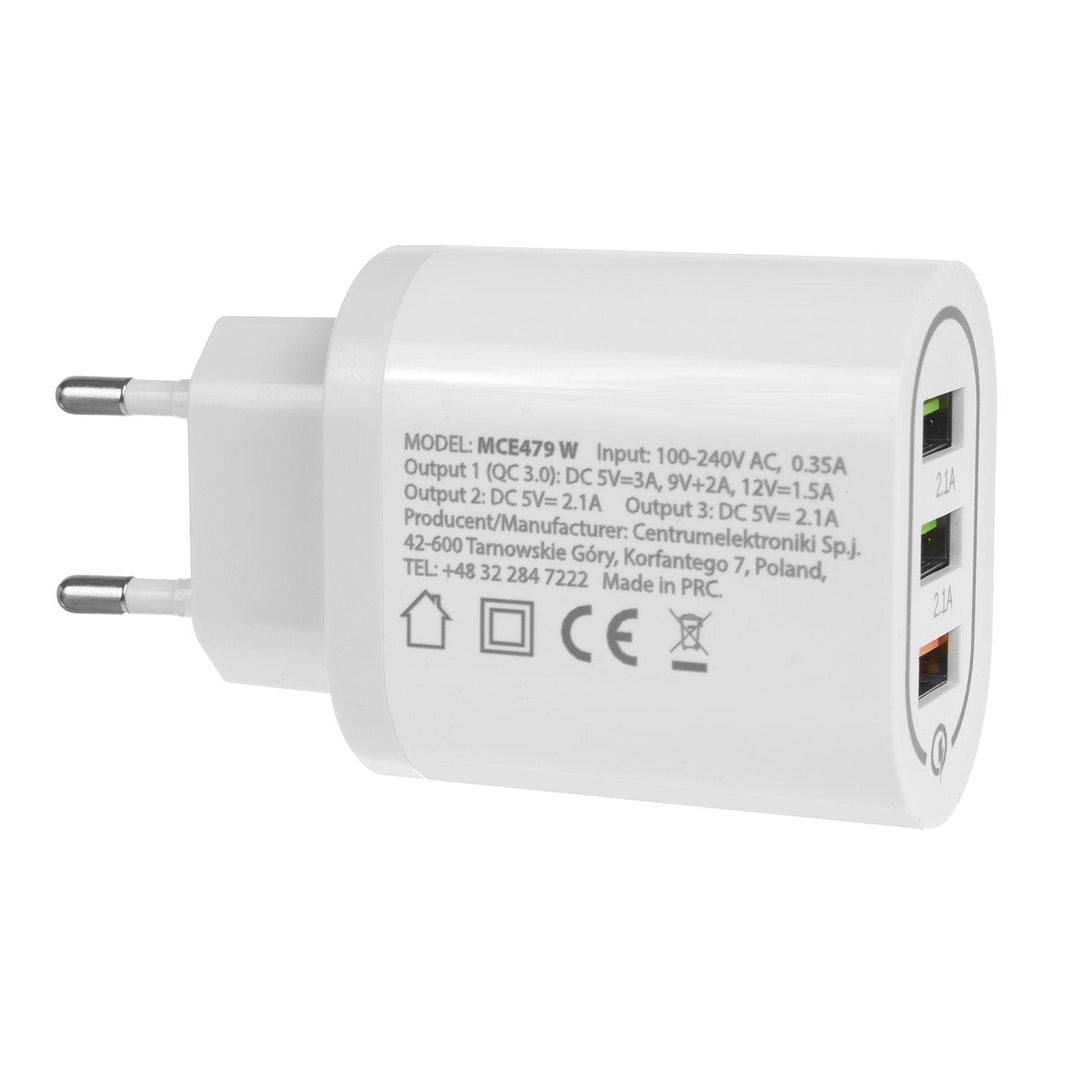 Netoplader 1xQC 3.0 Maclean Energy MCE479 W - hvid Qualcomm Quick Charge QC 3.0 - 3,6-6VV/3A, 6-9V/2A, 9-12V/1,5A og 2 stik 5V/2,1A