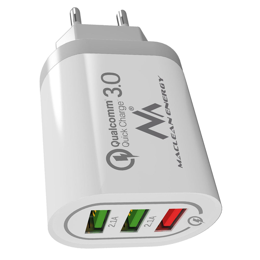 Netoplader 1xQC 3.0 Maclean Energy MCE479 W - hvid Qualcomm Quick Charge QC 3.0 - 3,6-6VV/3A, 6-9V/2A, 9-12V/1,5A og 2 stik 5V/2,1A