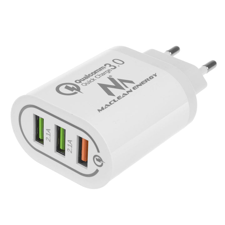 Netoplader 1xQC 3.0 Maclean Energy MCE479 W - hvid Qualcomm Quick Charge QC 3.0 - 3,6-6VV/3A, 6-9V/2A, 9-12V/1,5A og 2 stik 5V/2,1A