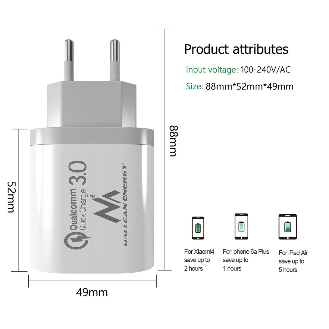 Netoplader 1xQC 3.0 Maclean Energy MCE479 W - hvid Qualcomm Quick Charge QC 3.0 - 3,6-6VV/3A, 6-9V/2A, 9-12V/1,5A og 2 stik 5V/2,1A