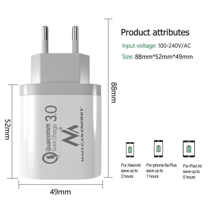 Netoplader 1xQC 3.0 Maclean Energy MCE479 W - hvid Qualcomm Quick Charge QC 3.0 - 3,6-6VV/3A, 6-9V/2A, 9-12V/1,5A og 2 stik 5V/2,1A