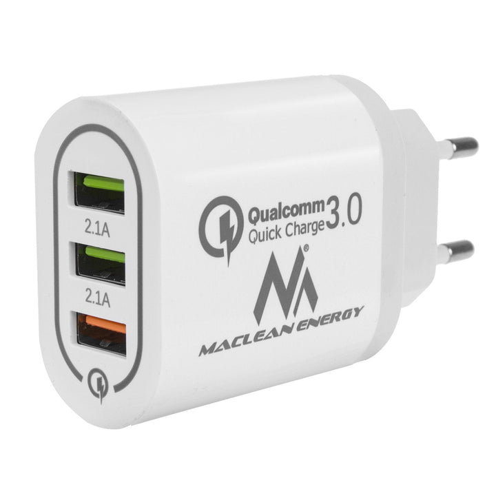 Netoplader 1xQC 3.0 Maclean Energy MCE479 W - hvid Qualcomm Quick Charge QC 3.0 - 3,6-6VV/3A, 6-9V/2A, 9-12V/1,5A og 2 stik 5V/2,1A